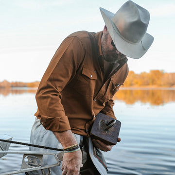 man wearing tan / light brown long sleeve shirt with pearl snaps