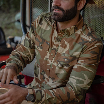 Man in camo flannel shirt