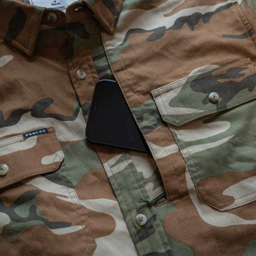 Close up of flannel shirt with cell phone chest pocket