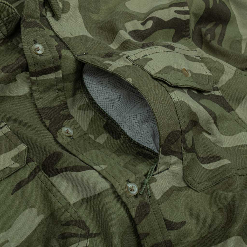 Close up of camo shirt with chest pocket