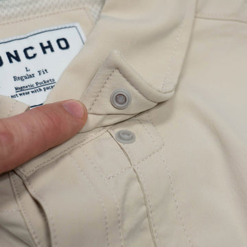 Long Sleeve tan shirt collar snap close up