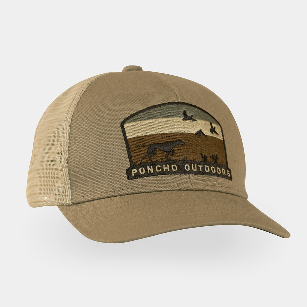 Tan mesh trucker cap with dog and bird embroidery patch