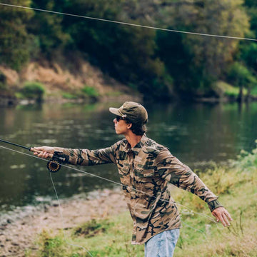 long sleeve camo shirt with man fishing