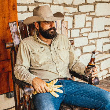 Long Sleeve tan shirt man with beer