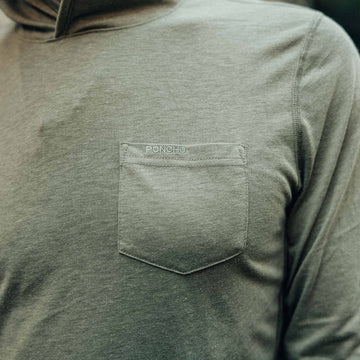 closeup of pocket on moss green performance shirt