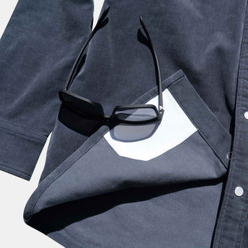 closeup of lens cloth on navy corduroy shirt