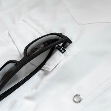 Western Shirt, pearl snap buttons short sleeve white sunglasses close up
