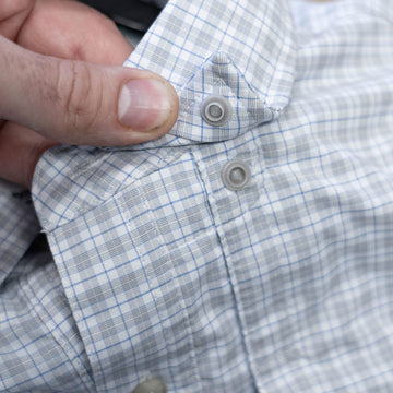 Blue & grey plaid short sleeve fishing shirt collar snap