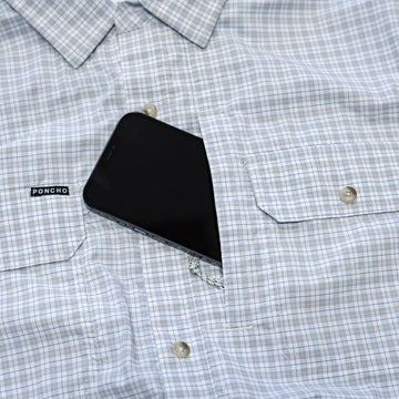 Blue & grey plaid short sleeve fishing shirt cell pocket