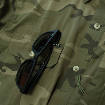 short sleeve camo shirt sunglasses