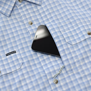 light blue short sleeve fishing shirt cell phone