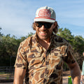 man smiles as he wears a Camo performance western shirt with pearl snaps