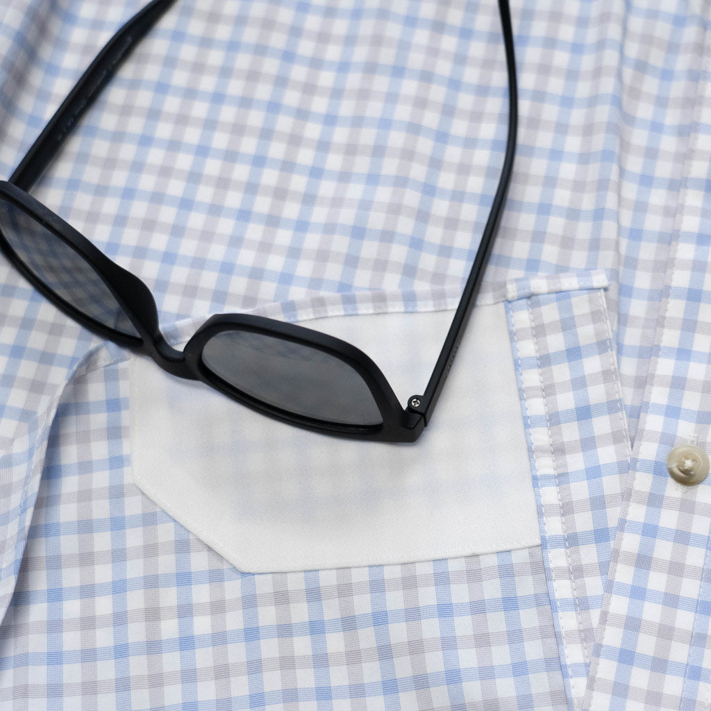 Blue & Grey plaid shirt long sleeve lens cleaner