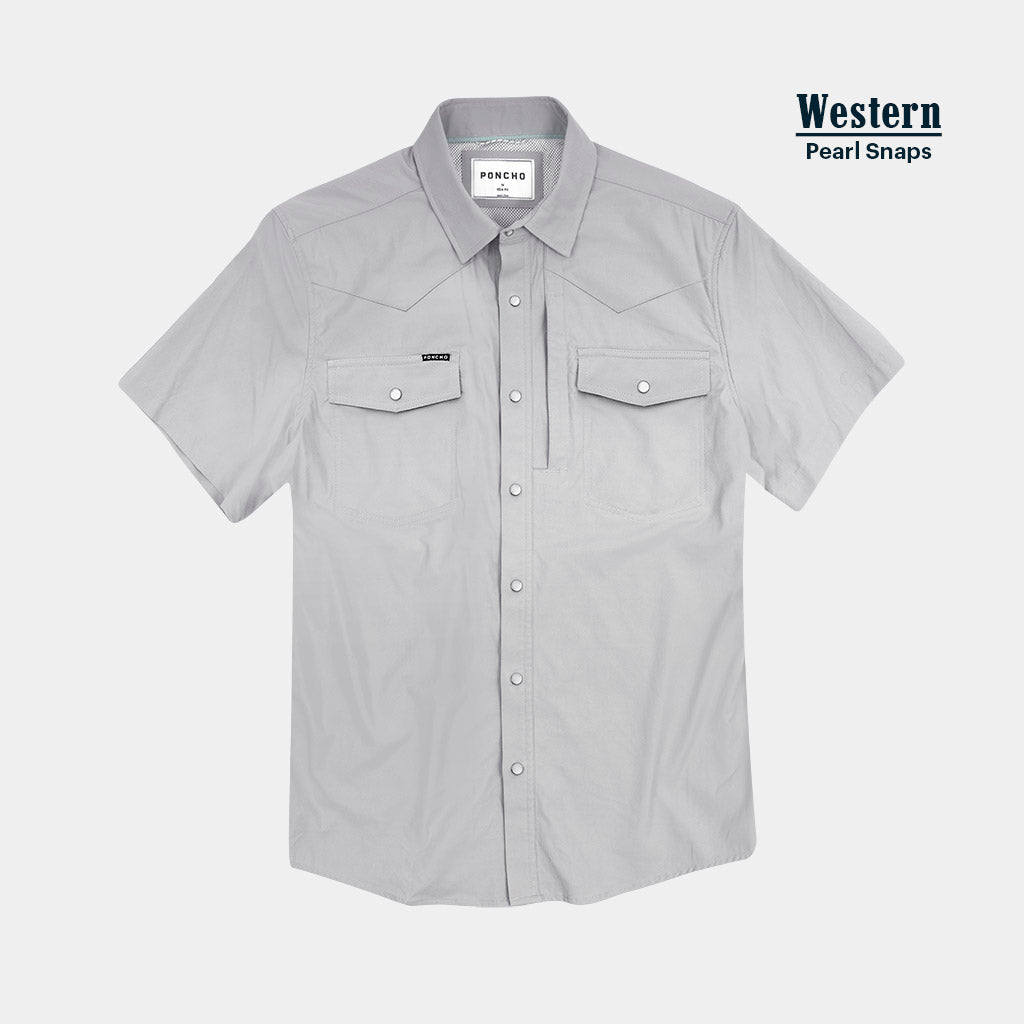 Poncho Pearl Snap Western | Solid Grey Short Sleeve