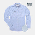 Product image of the Matagorda, a blue microcheck western shirt with pearl snaps