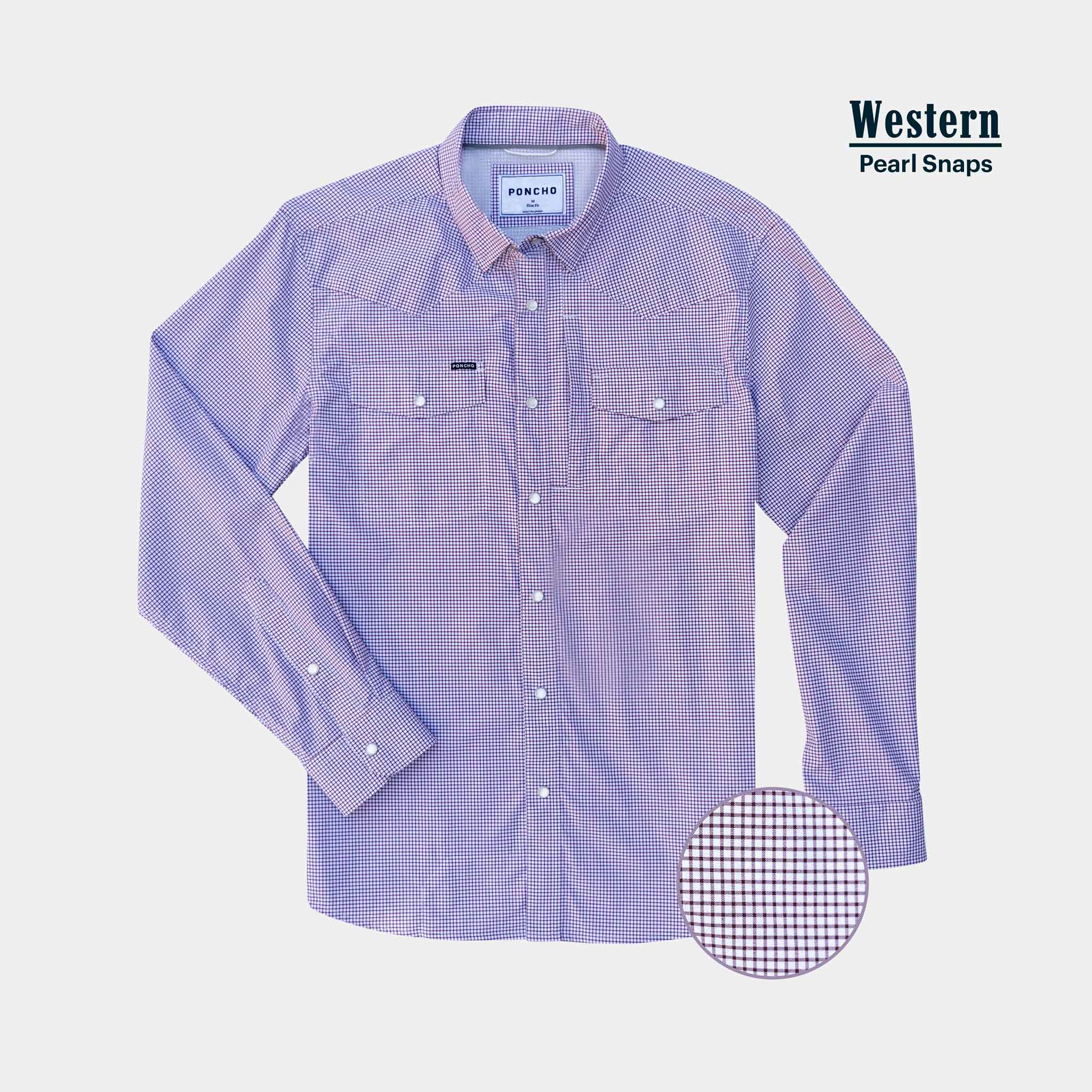 purple microcheck long sleeve western pearl snap shirt