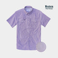 micro-checkered purple and white short sleeve shirt