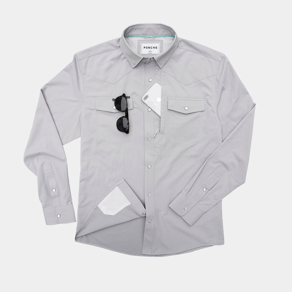 San Saba grey western shirt front with phone and sunglasses