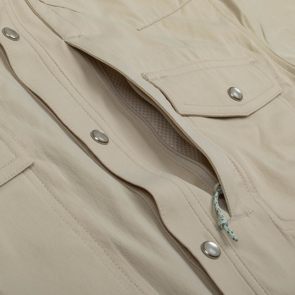 long sleeve tan western shirt zipper pocket close up