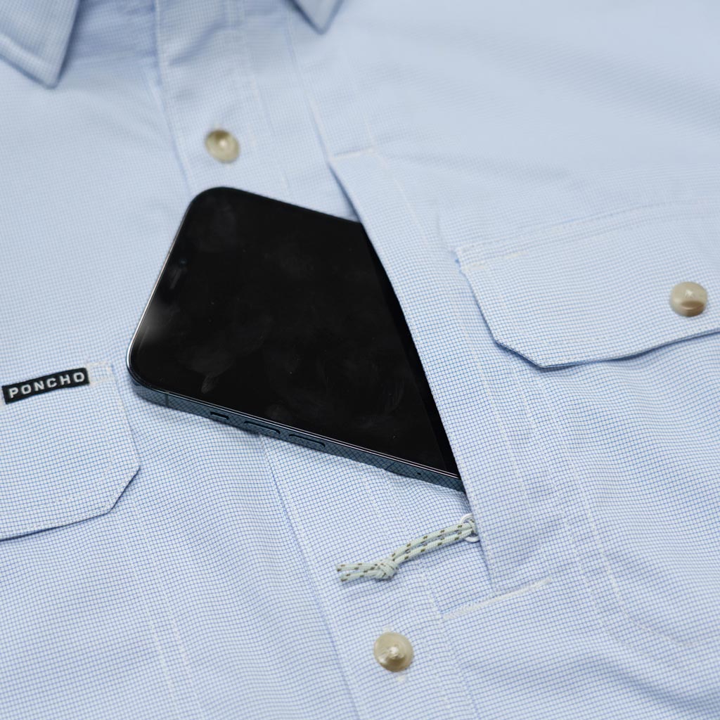 Short Sleeve microcheck shirt blue chest zipper pocket 
