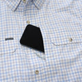 Blue & Grey plaid shirt long sleeve cell pocket close up