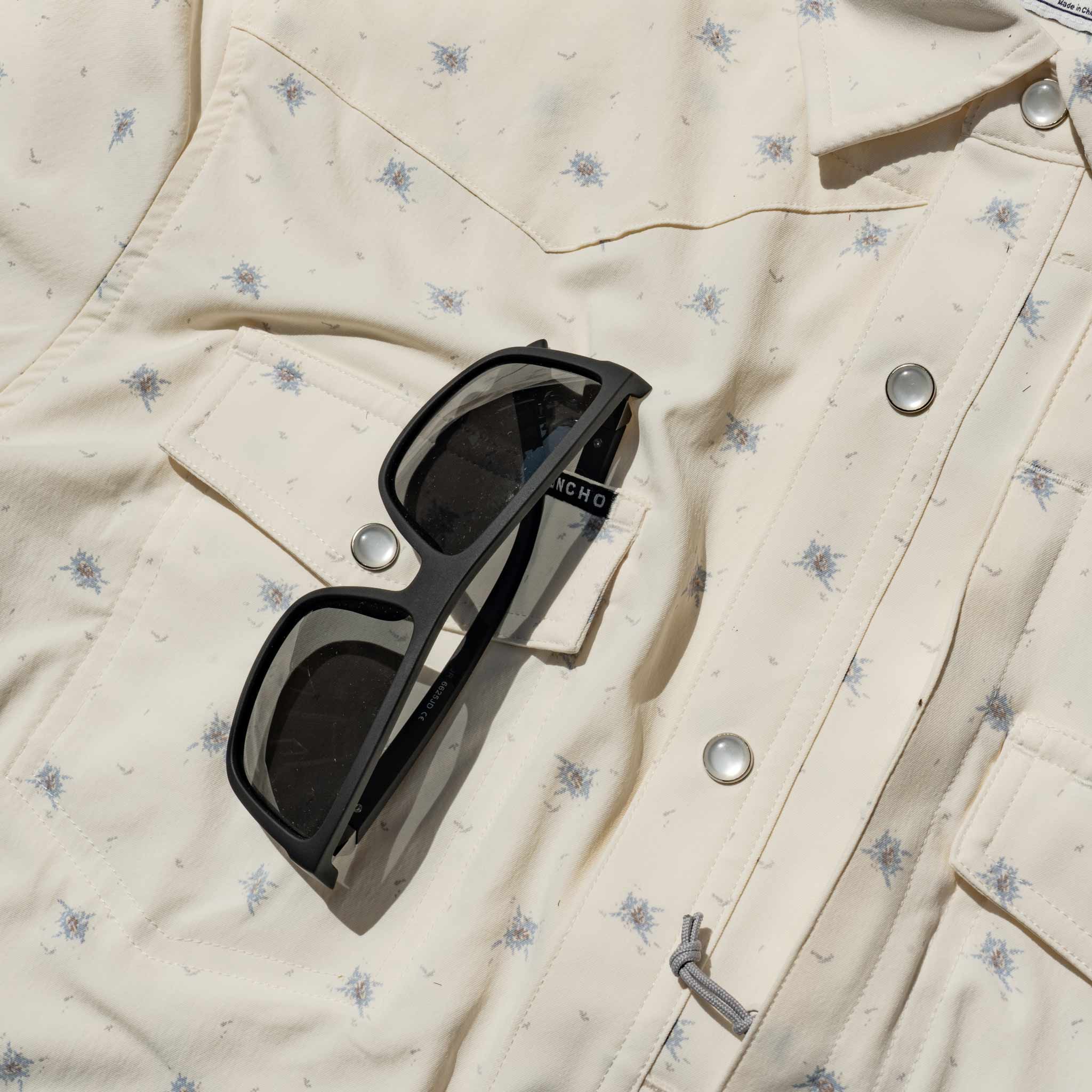 Close up of sunglasses hanging from front pocket