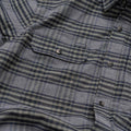 Close up of the fabric on the grey and olive plaid flannel