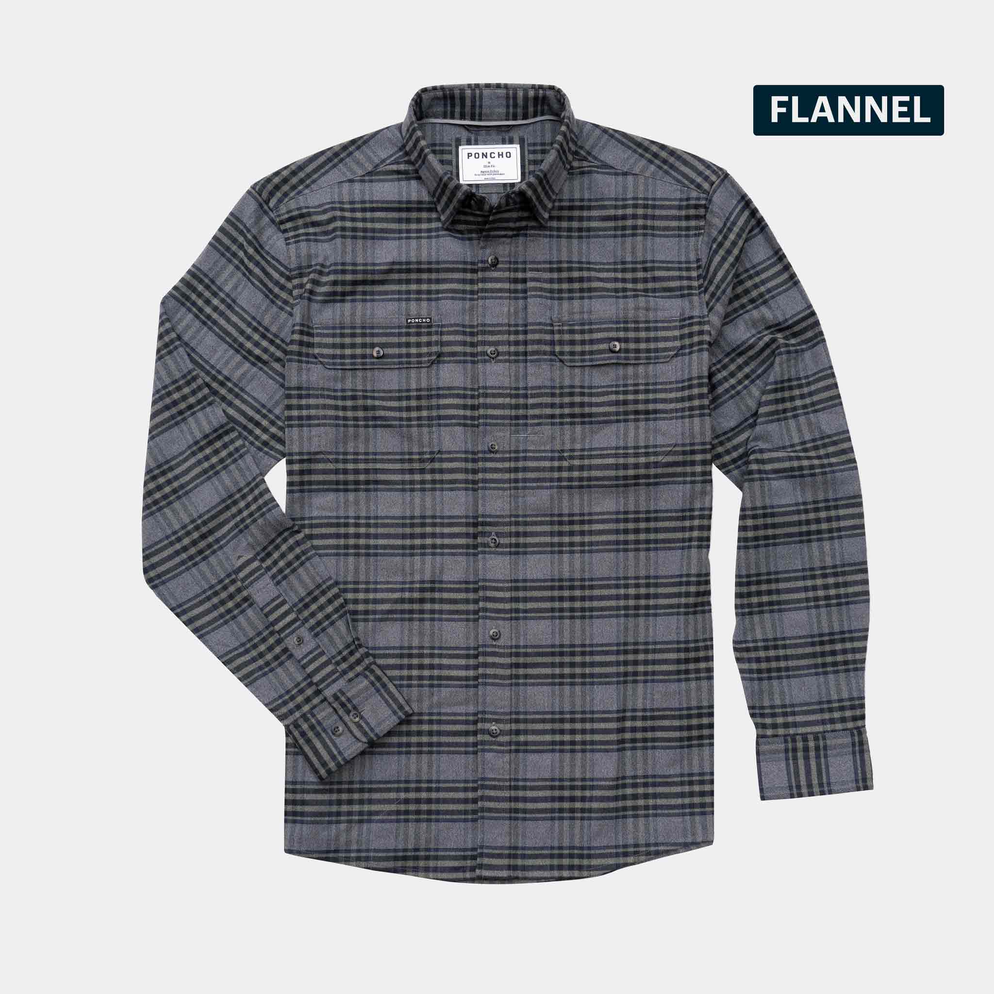 Product image of the Kenai shirt, a plaid flannel with grey and olive fabric