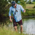 Man with fishing gear in blue shirt 