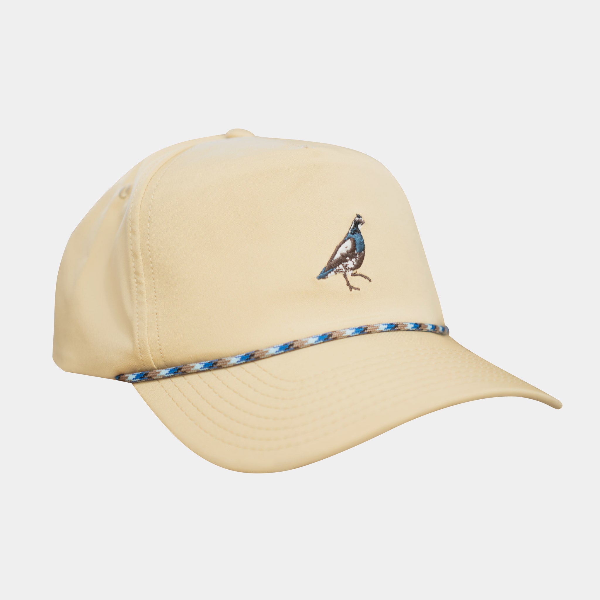 product pic of snapback rope hat with quail embroidery design