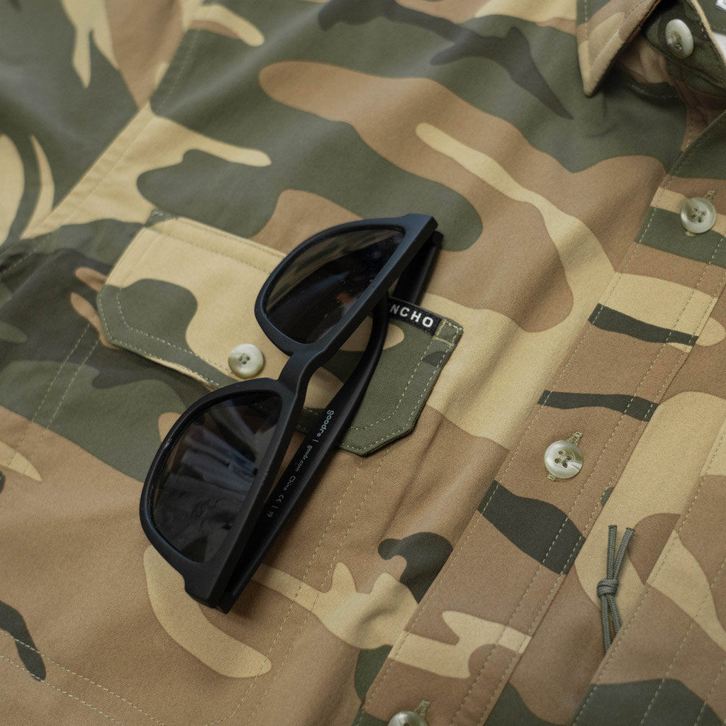 short sleeve camo shirt with sunglasses