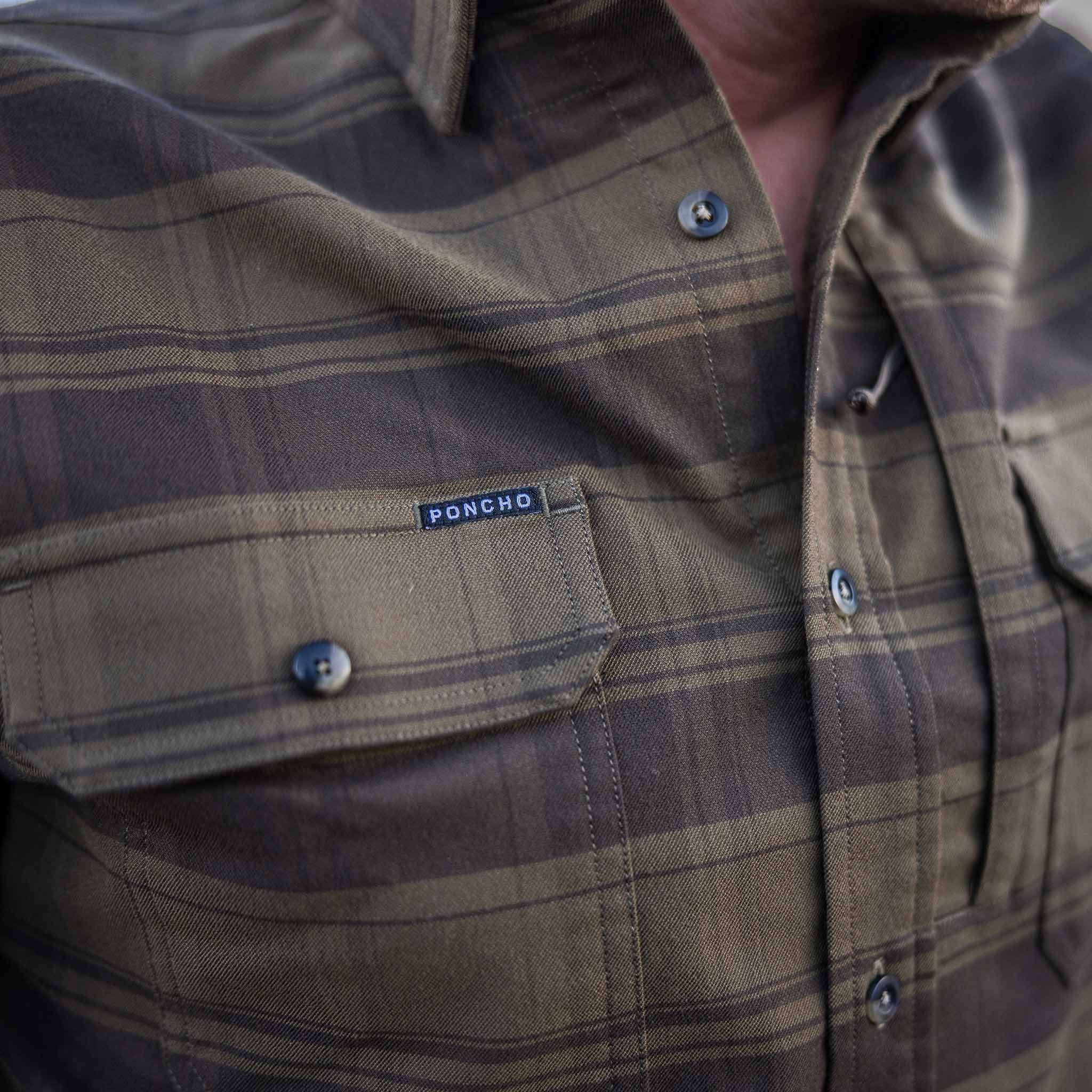closeup of chest pocket flannel shirt