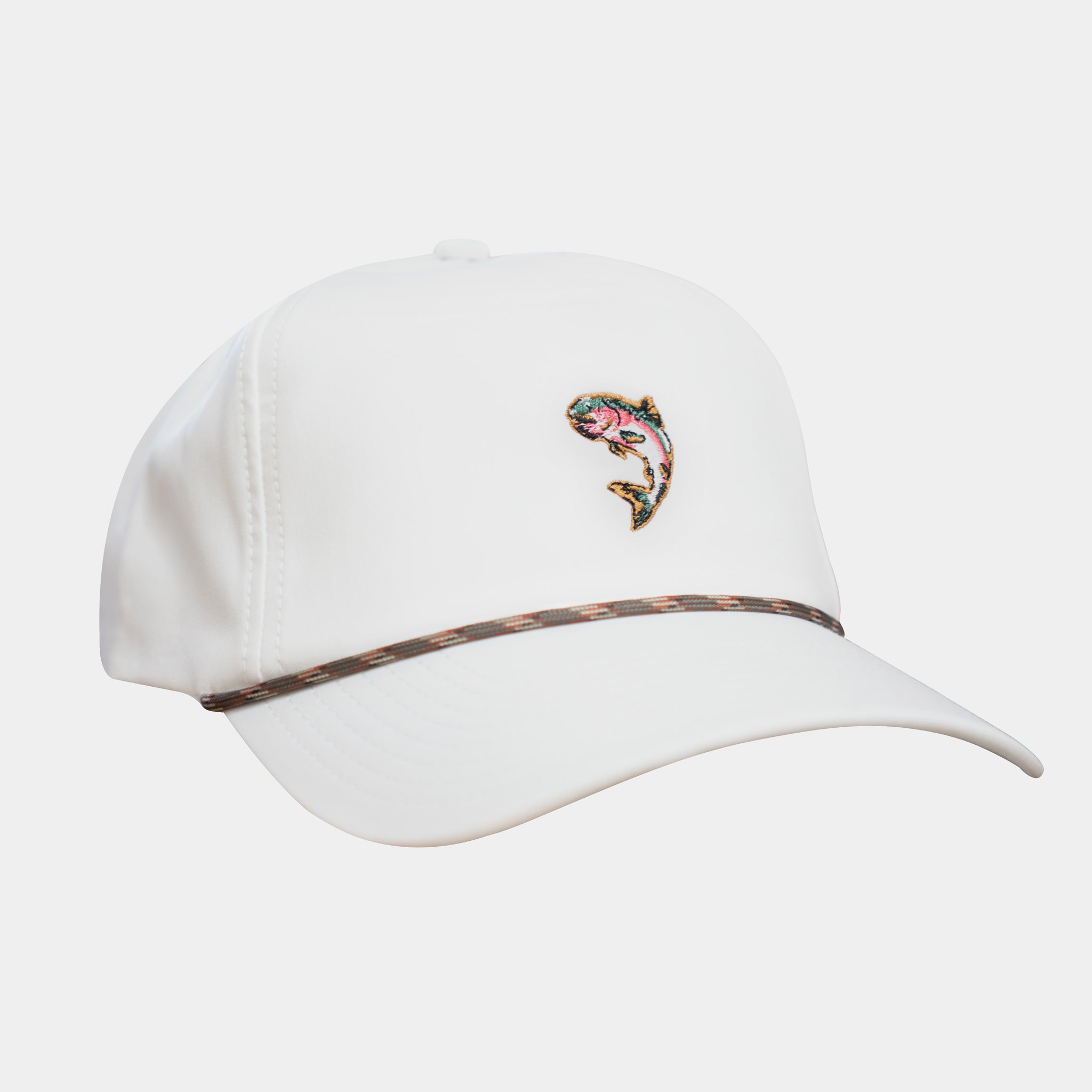 rope snapback hat with rainbow trout embroidery design 