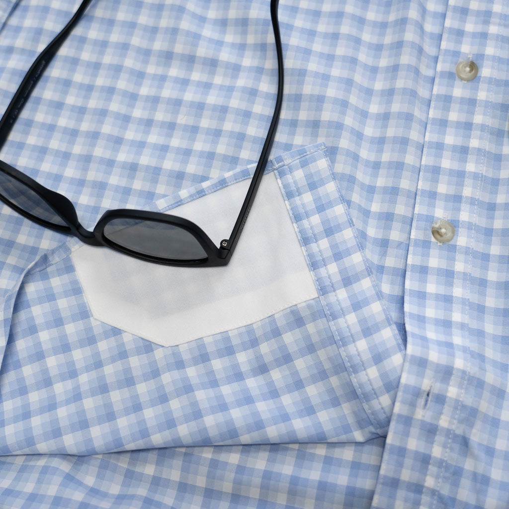 light blue short sleeve fishing shirt lens cleaner